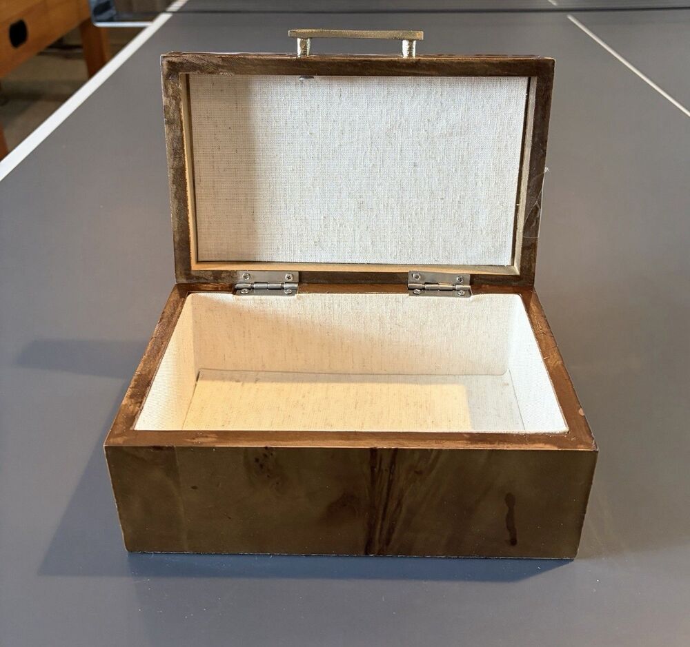 Brown Wood  Watch Jewelry or Trinket Box w/ Lid, Metal Handle, Fabric Lined